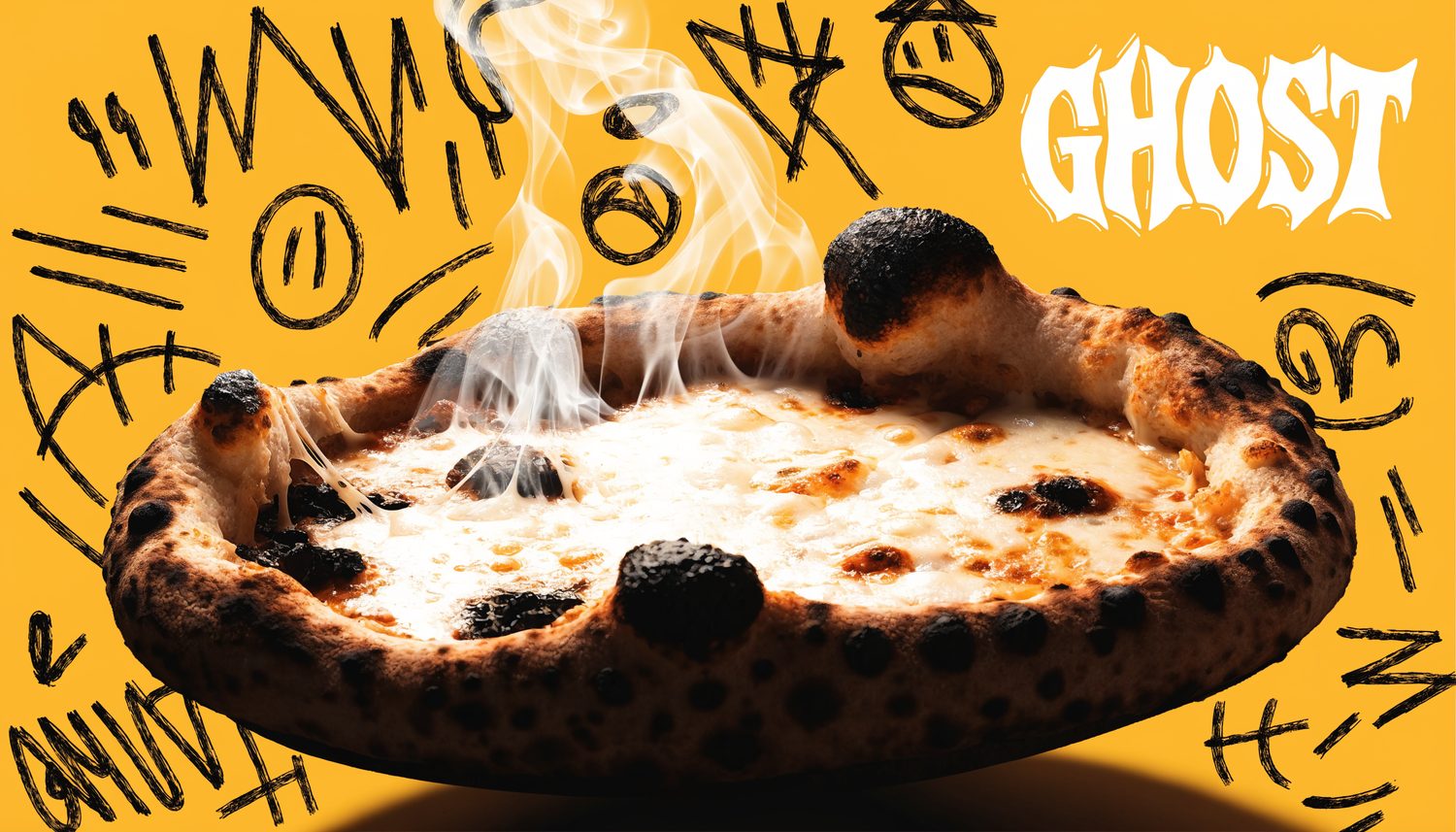 En GHOST-pizza med røyk som blir til spøkelser